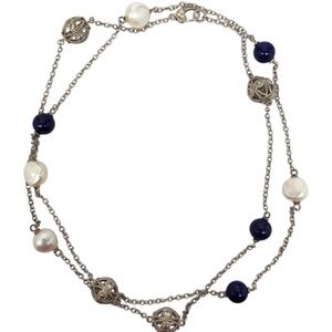 Judith Ripka Sterling Silver Pearl Lapis Lazuli Station Necklace #21460